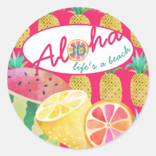 Sticker Rond Lève une plage ! Fun Tropical Fruit Monogramme