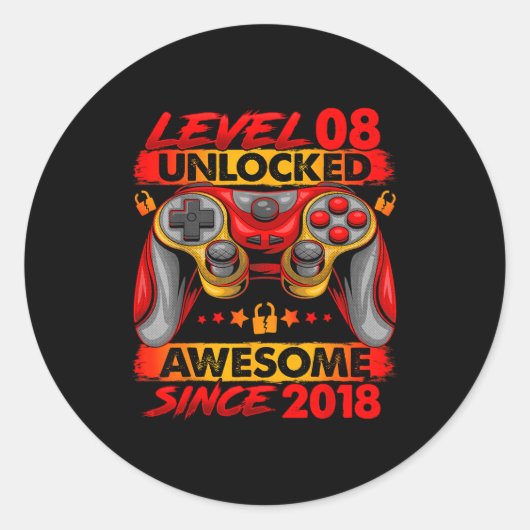 Sticker Rond Level 8 Unlocked 8 Year Old Boys 8th Birthday Boy (Devant)