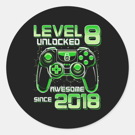 Sticker Rond Level 8 Unlocked Awesome Since 2018 8th Birthday G (Devant)