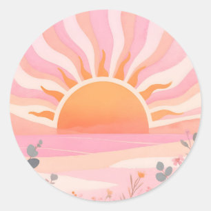 Sticker Rond Lever de soleil pastel bohème prairie
