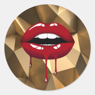 Sticker Rond Lèvres Brillantes Faux Luxe Doré Rouge qui Dégouli