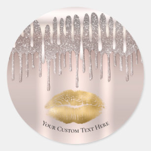 Sticker Rond Lèvres Rose Doré Glacé aux Diamants Brillant Baise