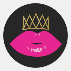 Sticker Rond Lèvres roses chaudes Couronne d'or royal Noir mode