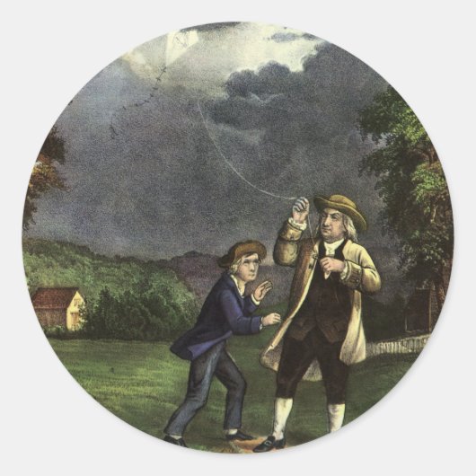 Sticker Rond L'expérience de Benjamin Franklin avec le cerf-vol (Devant)