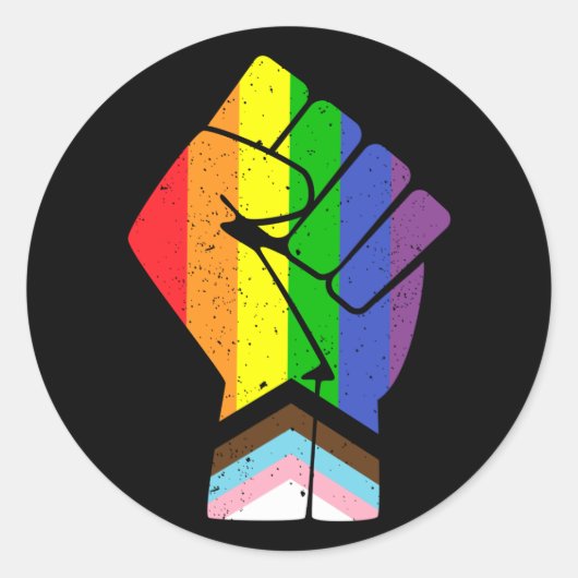 Sticker Rond LGBT Pride (Progrès) Drapeau avec poing levé (Devant)