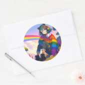 Sticker Rond LGBTQIA+ Anime Girl Lesbian Pride (Enveloppe)