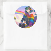 Sticker Rond LGBTQIA+ Anime Girl Lesbian Pride (Sac)