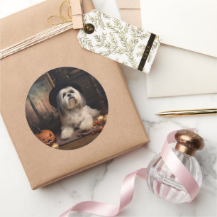 Sticker Rond Lhasa Apso Citrouilles Halloween Épouvantable