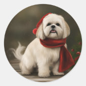 Sticker Rond Lhasa Apso dans la neige de Noël (Devant)