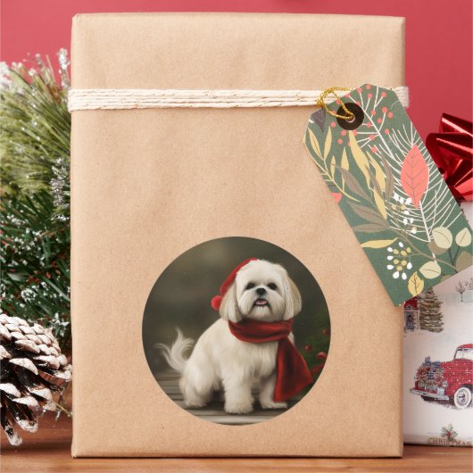 Sticker Rond Lhasa Apso dans la neige de Noël (vacances)