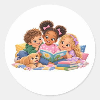 Sticker Rond L'heure du conte pour enfants qui lisent ensemble