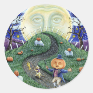 STICKER ROND L'HOMME CITROUILLE RENCONTRE L'HOMME DANS LA LUNE,