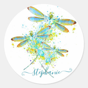 Sticker Rond Libellule sarcelle éclaboussure personnalisée