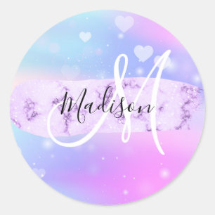Sticker Rond Licorne Arc-en-Ciel Cœurs Monogramme Coloré Fémini