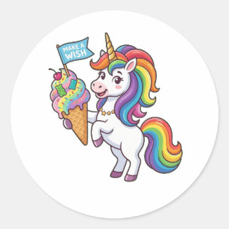 Sticker Rond Licorne Arc-en-Ciel Mignonne Tenant une Glace Fais