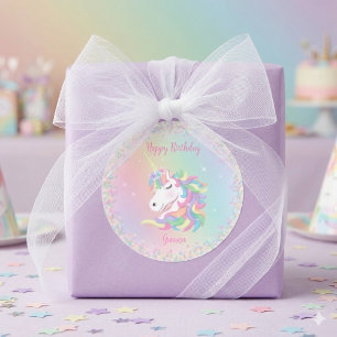 Sticker Rond Licorne Arc-en-Ciel Pastel Joyeux Anniversaire