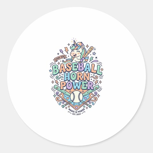 Sticker Rond Licorne Baseball Corne Puissance Kawaii Conception (Devant)