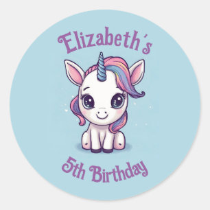 Sticker Rond Licorne Bébé Bleu Anniversaire Nom et Âge