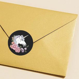 Sticker Rond Licorne Blanche Enchantée Fleurs Rose Noir