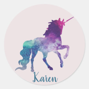 Sticker Rond Licorne bleue et pourpre rose personnalisée