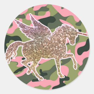 Sticker Rond Licorne Camouflage Vert Rose & Paillettes Dorées