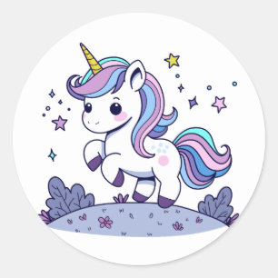 Sticker Rond Licorne Chibi Violet Bleu Rose