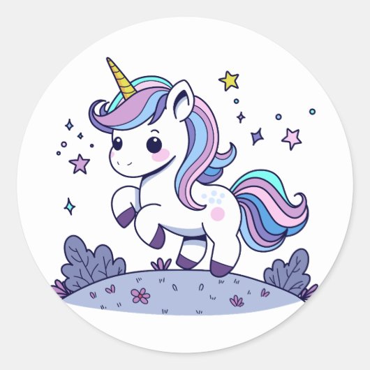 Sticker Rond Licorne Chibi Violet Bleu Rose (Devant)