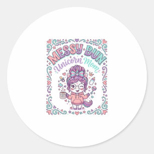 Sticker Rond Licorne Chignon Messy Maman Licorne Rétro Style Gr