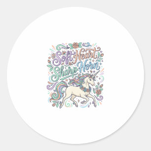 Sticker Rond Licorne Cœur Doux Corne Pointue Fond Blanc Typogra