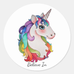 Sticker Rond Licorne d'aquarelle avec des cheveux d'arc-en-ciel