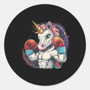 Sticker Rond Licorne de boxe avec gants de boxe Kickboxing Drôl