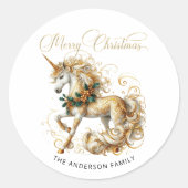 Sticker Rond Licorne de Noël élégante blanche et or (Devant)