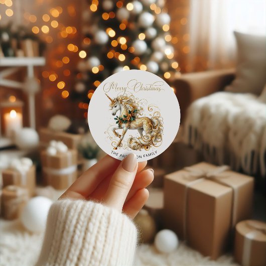 Sticker Rond Licorne de Noël élégante blanche et or