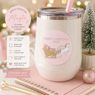 Sticker Rond Licorne de Noël pastel rose traîneau du Père Noël