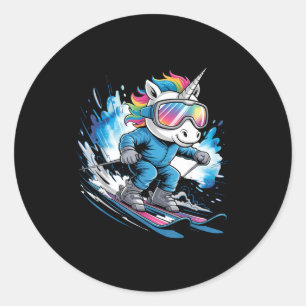 Sticker Rond licorne de ski skieur de sport d'hiver drôle de sk