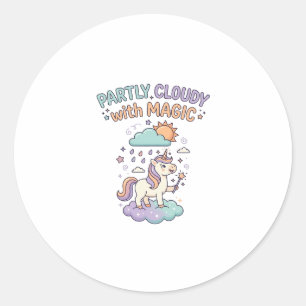 Sticker Rond Licorne en partie nuageux avec un T-shirt tendance