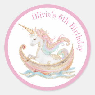 Sticker Rond Licorne Envoûtante dans un Bateau Magique sur la M