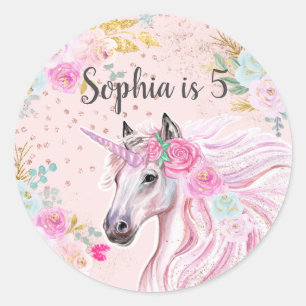Sticker Rond Licorne Fille Rose Floral Paillettes Dorées Nom Âg