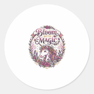 Sticker Rond Licorne Fleurir avec Magie POD Prêt Fond Blanc
