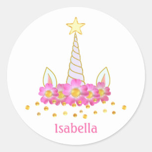 Sticker Rond Licorne, fleurs, confettis dorés et calligraphie