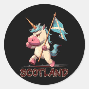 Sticker Rond Licorne grincheuse avec drapeau écossais pour l'Éc