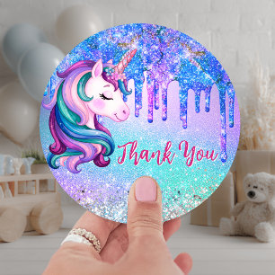 Sticker Rond Licorne mignonne gouttes bleues vertes anniversair