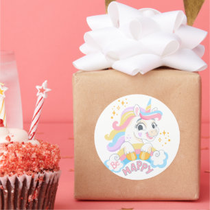 Sticker Rond Licorne mignonne Soyez Heureux