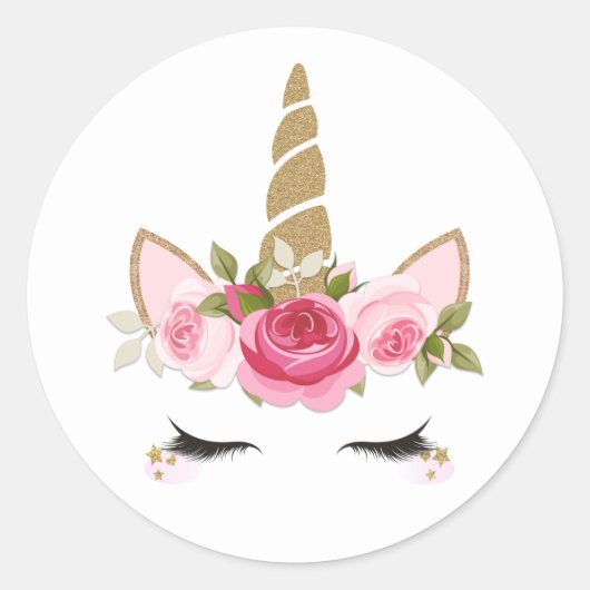 Sticker Rond Licorne Or Fleur Rose Mignon Branché Classique Ron (Devant)