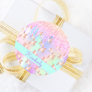 Sticker Rond Licorne paillettes rose or rose iridescent anniver