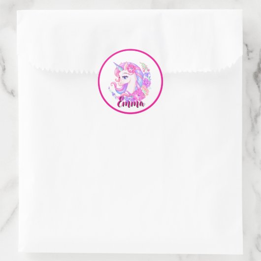 Sticker Rond licorne & personnalisez votre nom (Sac)