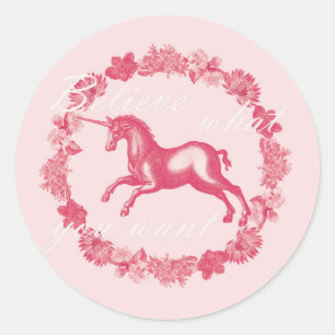Sticker Rond Licorne rose et fleurs