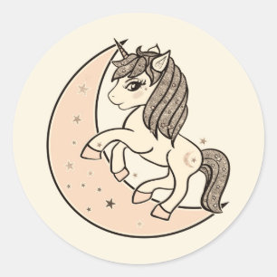 Sticker Rond Licorne Rose Pêche Blush Céleste Lune & Étoiles
