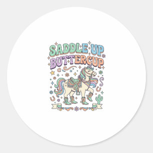 Sticker Rond Licorne Sellez Buttercup Kawaii Typographie Desi