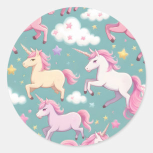 Sticker Rond Licornes avec motif de nuages et d'étoiles